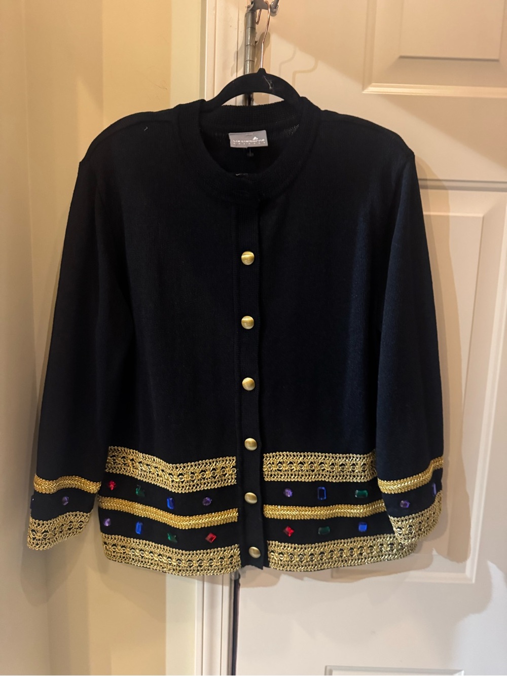 Liz Claiborne vintage black Embellished Knit‎ Cardigan w/Gold Trim/Stones medium